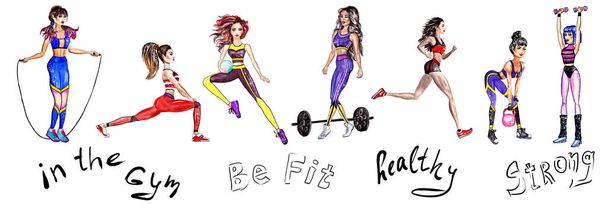 Fitness Girls Clip Art and Gym Motivation Lettering. Karikatura styl akvarel ručně malované ilustrace. Sada koncepcí sportu a zdraví. Izolované prvky. Krásné štíhlé modely - Fotografie, Obrázek