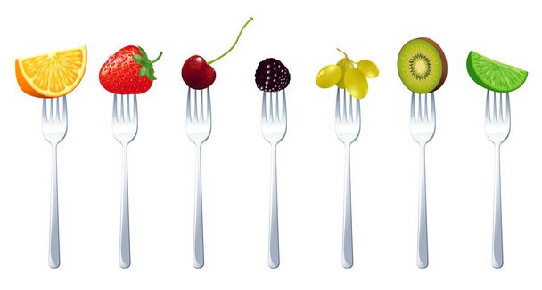 frutas crudas jugosas en los tenedores
 - Vector, imagen