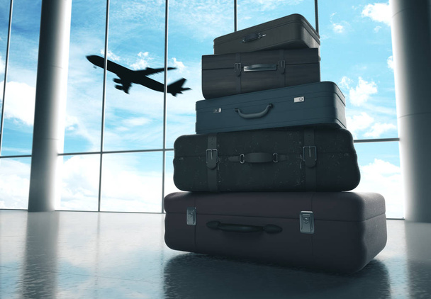 Travel bags in airport and airliner in sky - Photo, Image
