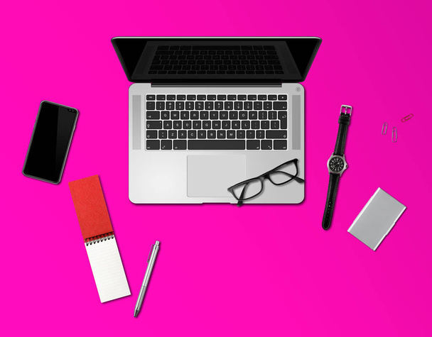Office desk mockup top view isolated on magenta pink - Foto, Bild