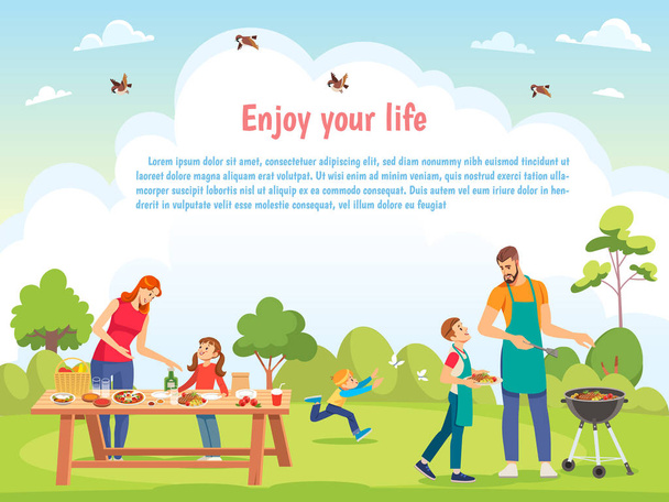 Happy Family day Template for card, poster, print. Family picnicking together. Vector cartoon illustration. - Vector, Image