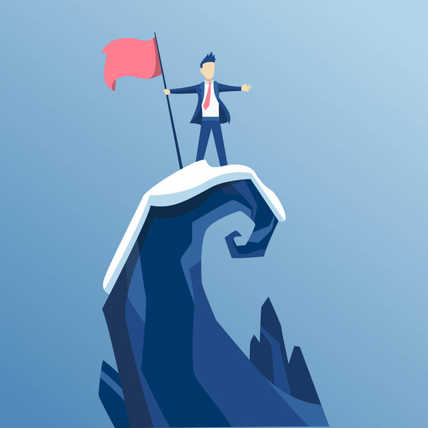 Businessman first reached the summit of the mountain with a flag. Business people reached his goal. Business concept win and competition. Leads to success - Vector, Image