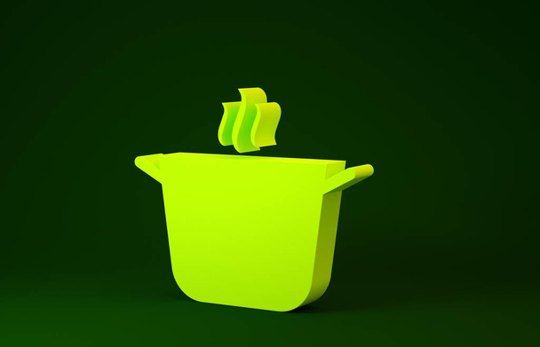 Желтая иконка горшка выделена на зеленом фоне. Вскипятить или тушить пищевой символ. Концепция минимализма. 3D-рендеринг - Фото, изображение