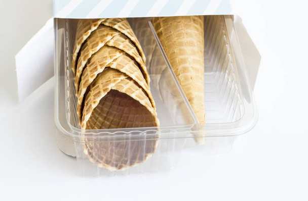 close-up shot of ice cream waffle cones on white - Photo, image
