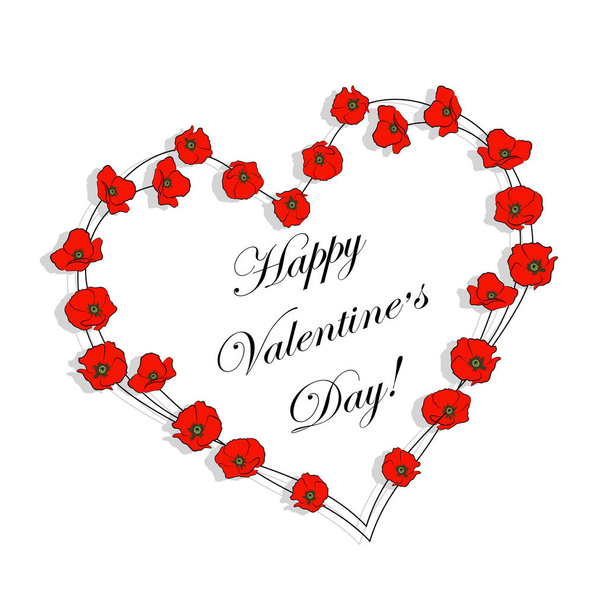 Happy Valentines day greeting card. Beautiful heart made of red flowers on white background - Vector, Image