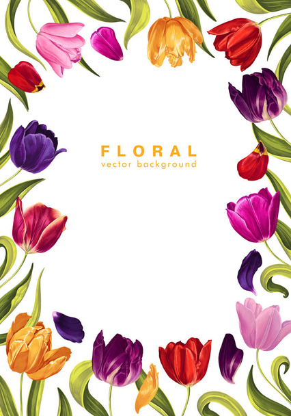 Colorful vertical backdrop with multi-colored tulip flowers, leaves and petals.  - Vector, Imagen