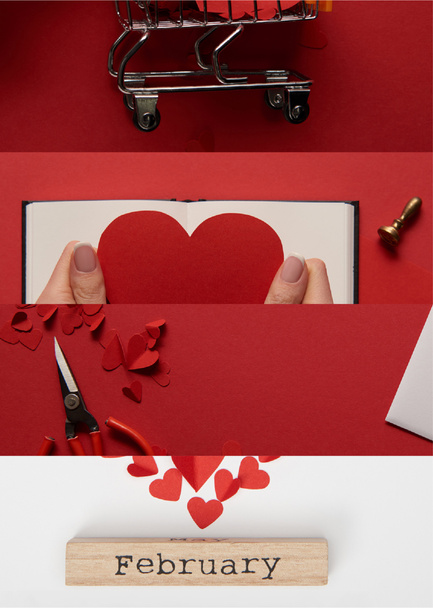 collage van schaar, vrouw met papieren hart, speelgoedwinkelwagentje en houten bord met februari belettering  - Foto, afbeelding