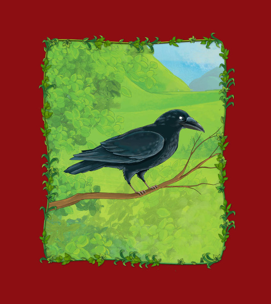 cartoon scene with raven crow bird on the meadow - Photo, image
