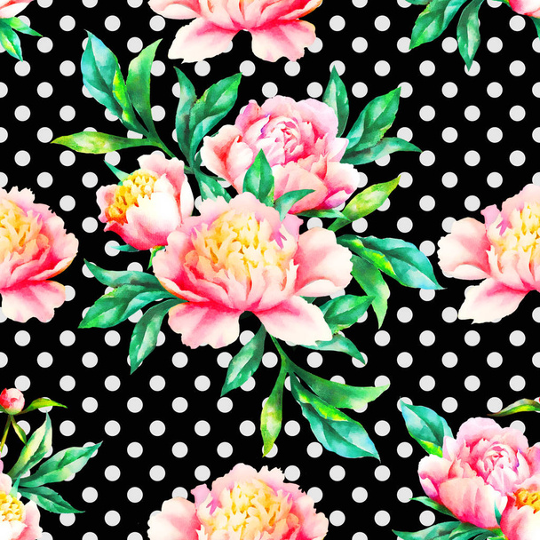 Watercolor hand paint pink peonies and leaves, seamless pattern. - Foto, immagini