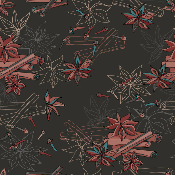 Seamless dark anise and cinnamon pattern. Vector illustration of spices for winter drinks. Testura for fabric, paper and tile decoration. - Vector, Image