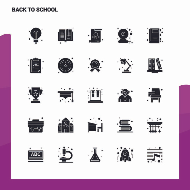 Set icona 25 Ritorno a scuola. Illustrazione vettoriale dell'icona del glifo solido
 - Vettoriali, immagini