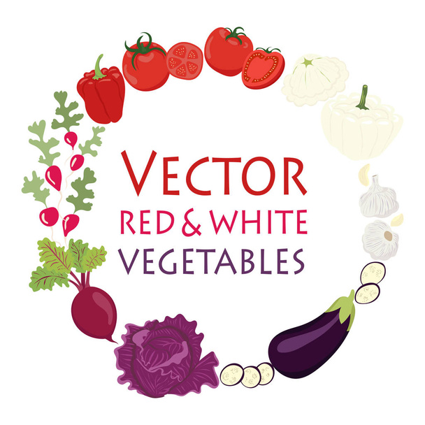 Set van rode, witte en paarse groenten. Natuurlijk voedsel en gezond eten. Vlakke vector illustratie geïsoleerd op witte achtergrond. - Vector, afbeelding