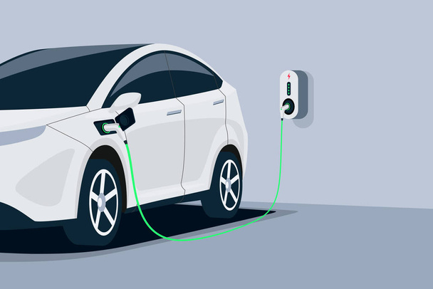 Electric car charging in underground garage home plugged to charger station. Battery EV vehicle standing parking lot connected to wall box. Close up vector being charged with power supply socket.  - Vector, Image