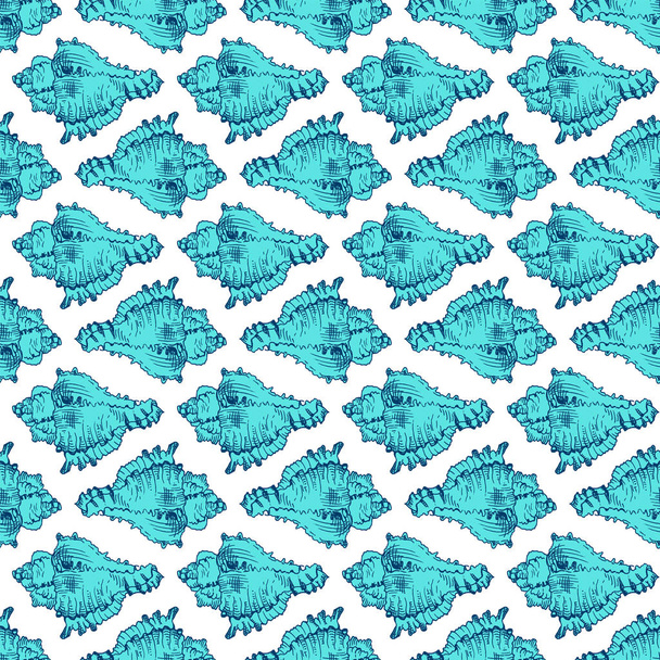 Blue seashell sketch seamless pattern. Vintage engraving. Travel vector template. - Vektor, kép