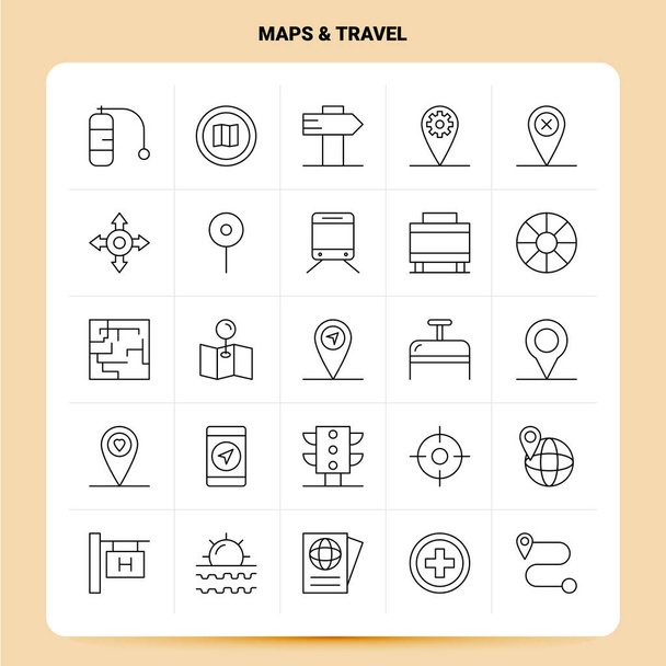 Περίγραμμα 25 Χάρτες & Εικονίδιο ταξιδιού που. Σχεδιασμός στυλ διανυσματικής γραμμής Blac - Διάνυσμα, εικόνα