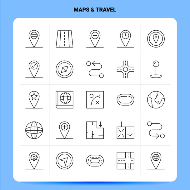Περίγραμμα 25 Χάρτες & Εικονίδιο ταξιδιού που. Σχεδιασμός στυλ διανυσματικής γραμμής Blac - Διάνυσμα, εικόνα