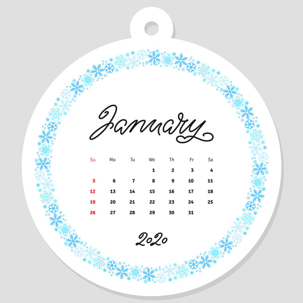 January calendar 2020. Calendar template decorated with hand lettered name of months of the year on background of beautiful floral circle frame. Vector illustration 8 EPS. - Vektor, obrázek