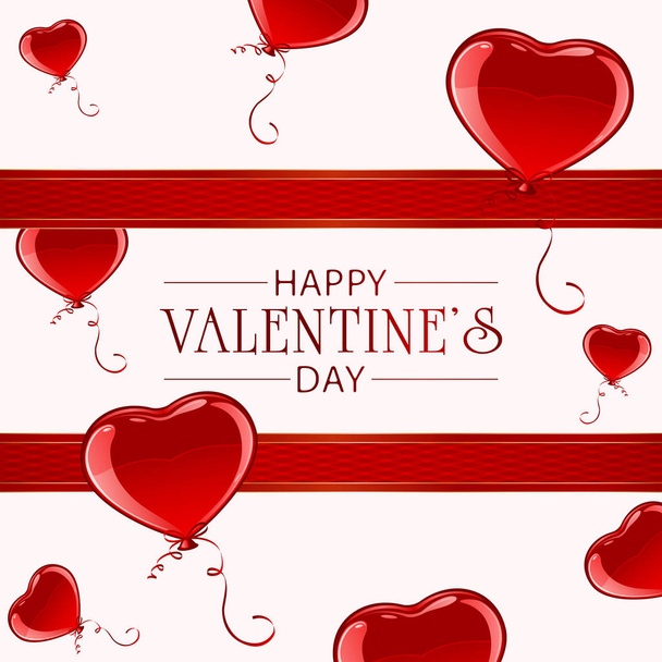 Valentines Card with Bow and Red Heart Balloons - Vector, imagen