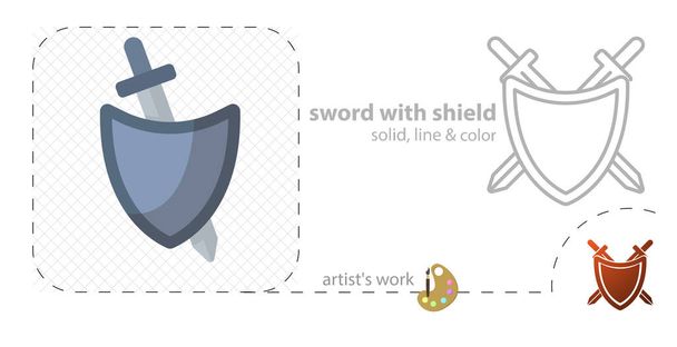 zwaard met schild plat, solide, lijn pictogram - Vector, afbeelding