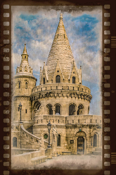 Παλιά φωτογραφία με το προπύργιο των ψαράδων στο κάστρο της Βούδας, στη Βουδαπέστη, H - Φωτογραφία, εικόνα