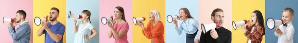 Collage di persone diverse con megafoni su sfondo a colori
 - Foto, immagini