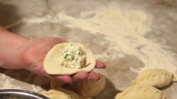 Μαγειρικές πίτες γεμιστές με αλατισμένο τυρί cottage και φρέσκα βότανα - Πλάνα, βίντεο