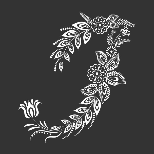 Floral uppercase white letter I monogram on black background - Вектор,изображение