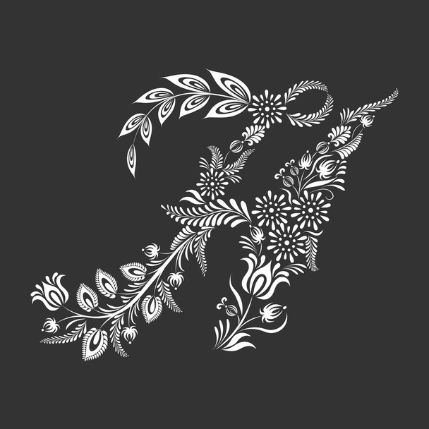 Floral uppercase white letter H monogram on black background. - Вектор,изображение
