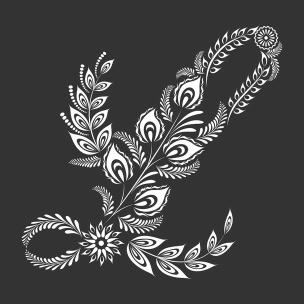 Floral uppercase white letter L monogram on black background - Vector, Imagen