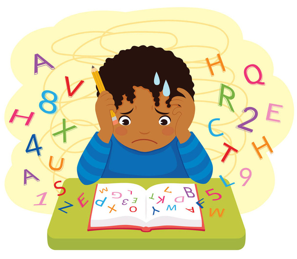 Dysleksia ja oppimisvaikeuksia. Tummaihoinen sekava lapsi, joka katselee kirjasta lentäviä kirjaimia ja numeroita.
. - Vektori, kuva
