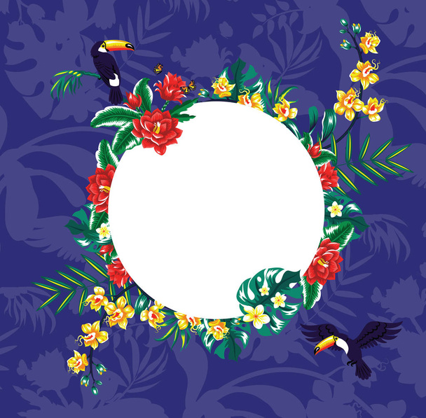 Summer tropical background banner with palm leaves and toucan. - Вектор,изображение