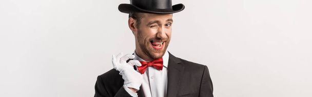 panoramic shot of emotional magician winking and adjusting bow tie, isolated on grey - Photo, Image