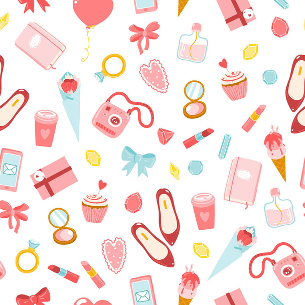 Vector seamless girls pattern. Cartoon illustrations of various articles of cosmetics, clothes, jewelry, sweets and flowers. Red-pink tones on a white background - Vector, afbeelding