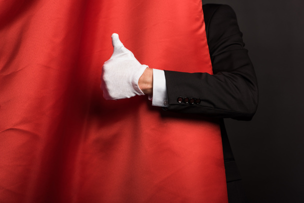 vista cortada de mágico em luva mostrando polegar no circo com cortinas vermelhas
 - Foto, Imagem