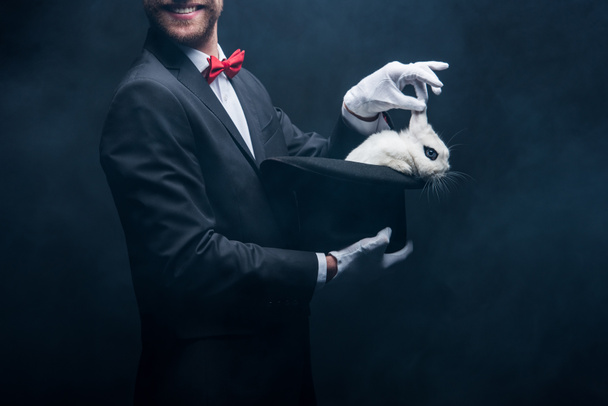 oříznutý pohled na usmívajícího se kouzelníka předvádějícího trik s bílým králíkem v klobouku, v tmavé místnosti s kouřem - Fotografie, Obrázek