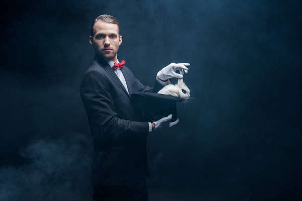 professional magician in suit showing trick with white rabbit in hat, dark room with smoke - Valokuva, kuva