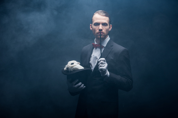 magician in suit showing trick with wand and white bunny in hat, dark room with smoke - Photo, Image