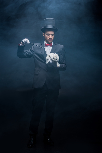 professional young magician in suit and hat showing trick with wand and white rabbit, dark room with smoke - Foto, immagini
