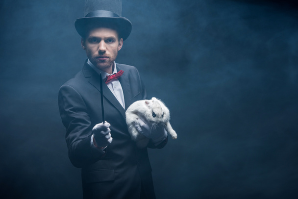 professional magician in suit showing trick with wand and white rabbit, dark room with smoke - Photo, Image