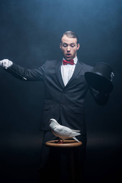 Schockierter Zauberer zeigt Trick mit Taube, Zauberstab und Hut in dunklem Raum mit Rauch  - Foto, Bild