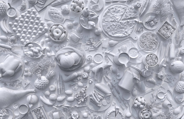 Composition monochrome de figures en relief blanc de différents aliments et boissons sur fond blanc. Panneau 3D avec un ensemble de nourriture dans une vue de dessus. rendu 3D
. - Photo, image