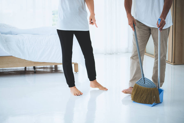 Asian senior couple cleaning bedroom floor. Retirement and healthy elderly concept. - Fotó, kép