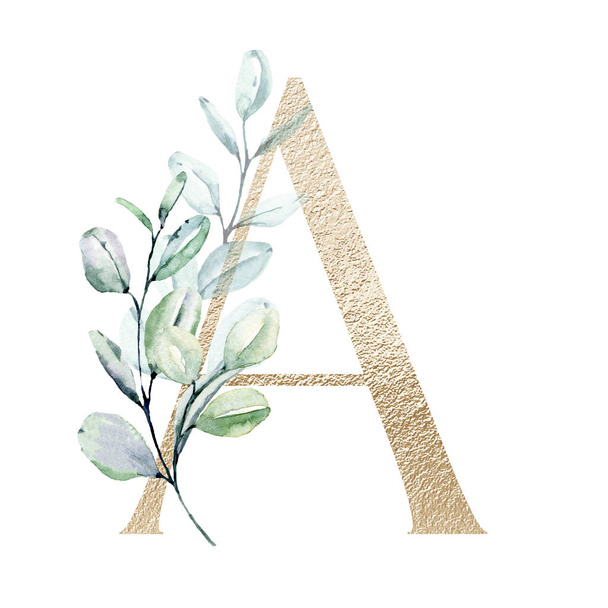 watercolor art painting, letter A with flowers and leaves, floral alphabet - Photo, Image