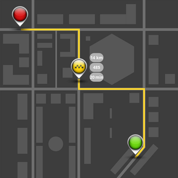 Order taxi using service, dark map mockup of route the city two red and green location pins and control taxi marker - Vector, Image