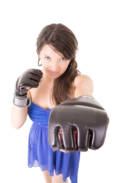 Woman in dress and boxing glove on white background, - Zdjęcie, obraz
