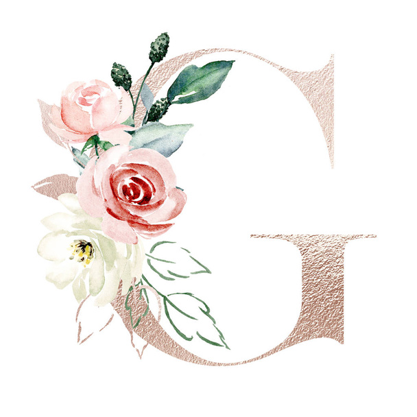 kézzel rajzolt akvarell festmény G levél virágokkal - Fotó, kép