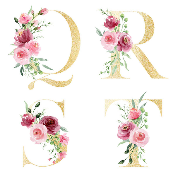 Florales Alphabet, Buchstaben q, r, s, t, kreative Aquarellmalerei - Foto, Bild