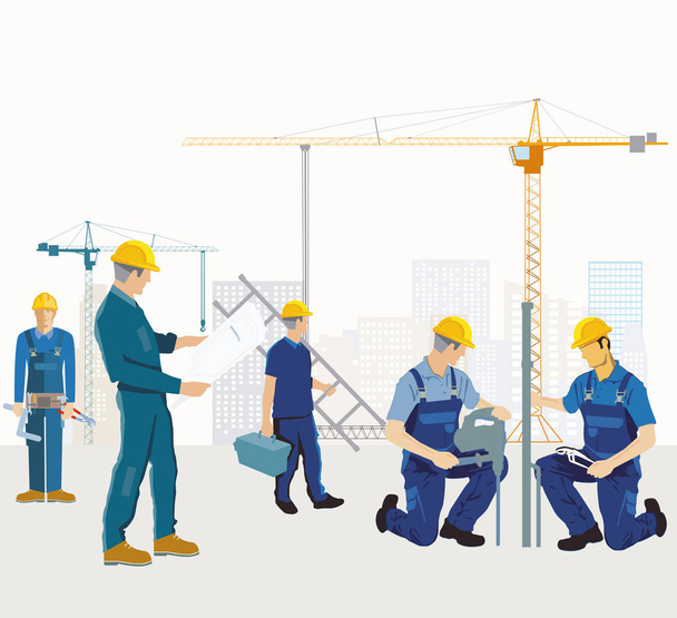 a group of craftsmen on the construction site while building - Vector, Image