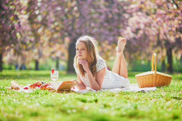 Beautiful young woman having picnic - Foto, afbeelding