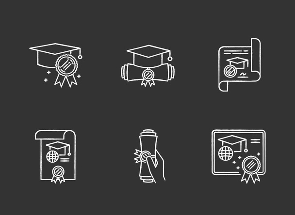 Diploma chalk white icons set on black background. School certif - Vector, Image